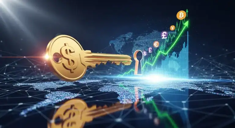 A golden key, symbolizing success, unlocking a digital tablet screen that displays upward-trending financial graphs and currency icons, illustrating effective affiliate marketing strategies and increased online earnings.